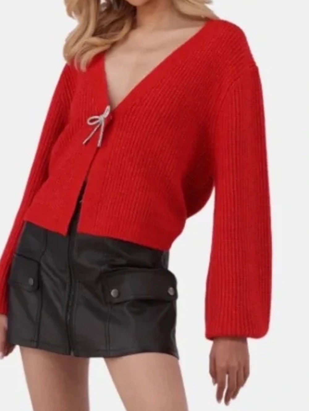 Red V-Neck Rhinestone Bow Knit Cardigan Sweater Women Small 4 - 6